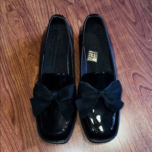 Black Bow Faux Patent Leather Loafers